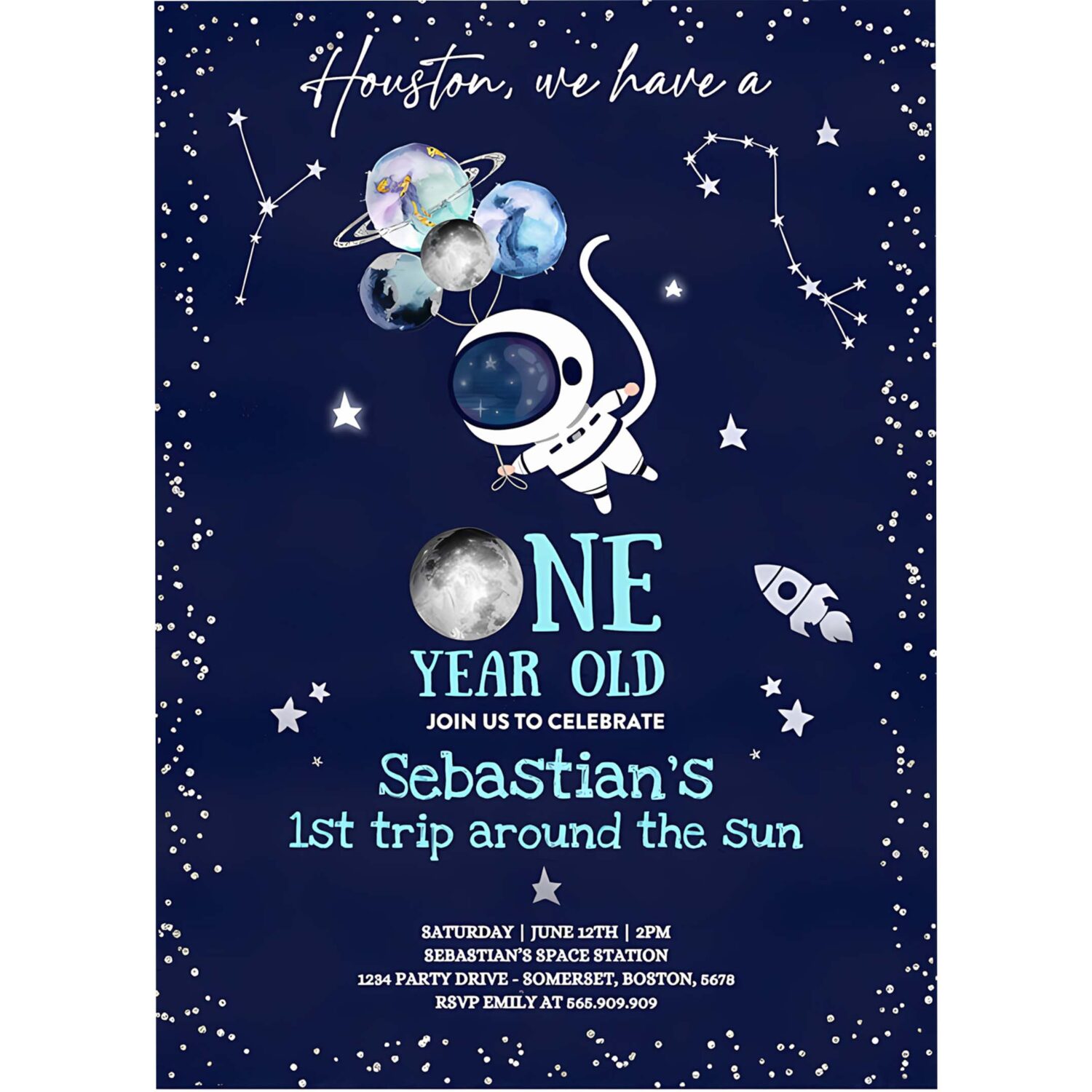 Editable space 1st birthday party invitation houston we have a one year old rocket ship planets galaxy outer space party 4