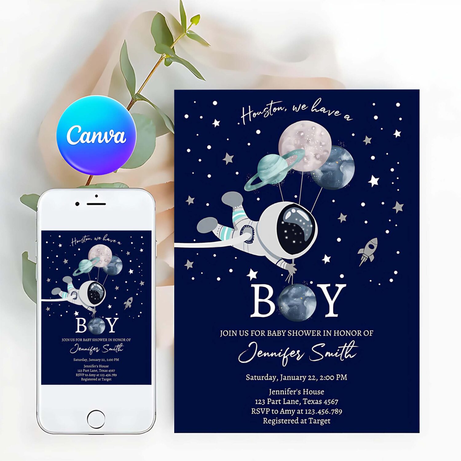 Editable space astronaut baby shower invitation galaxy houston its a boy blue planets moon countdown template instant download corjl 0366