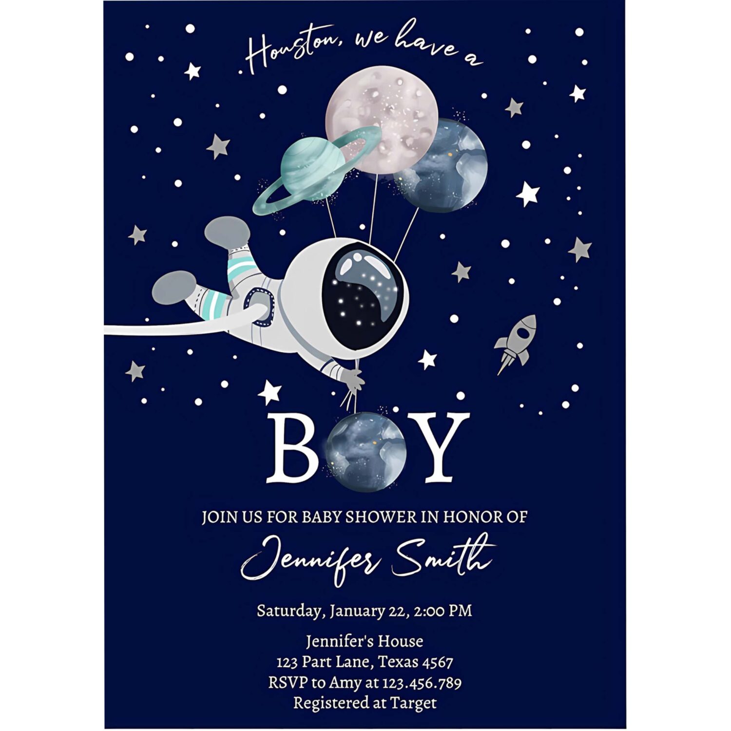 Editable space astronaut baby shower invitation galaxy houston its a boy blue planets moon countdown template instant download corjl 0366 4