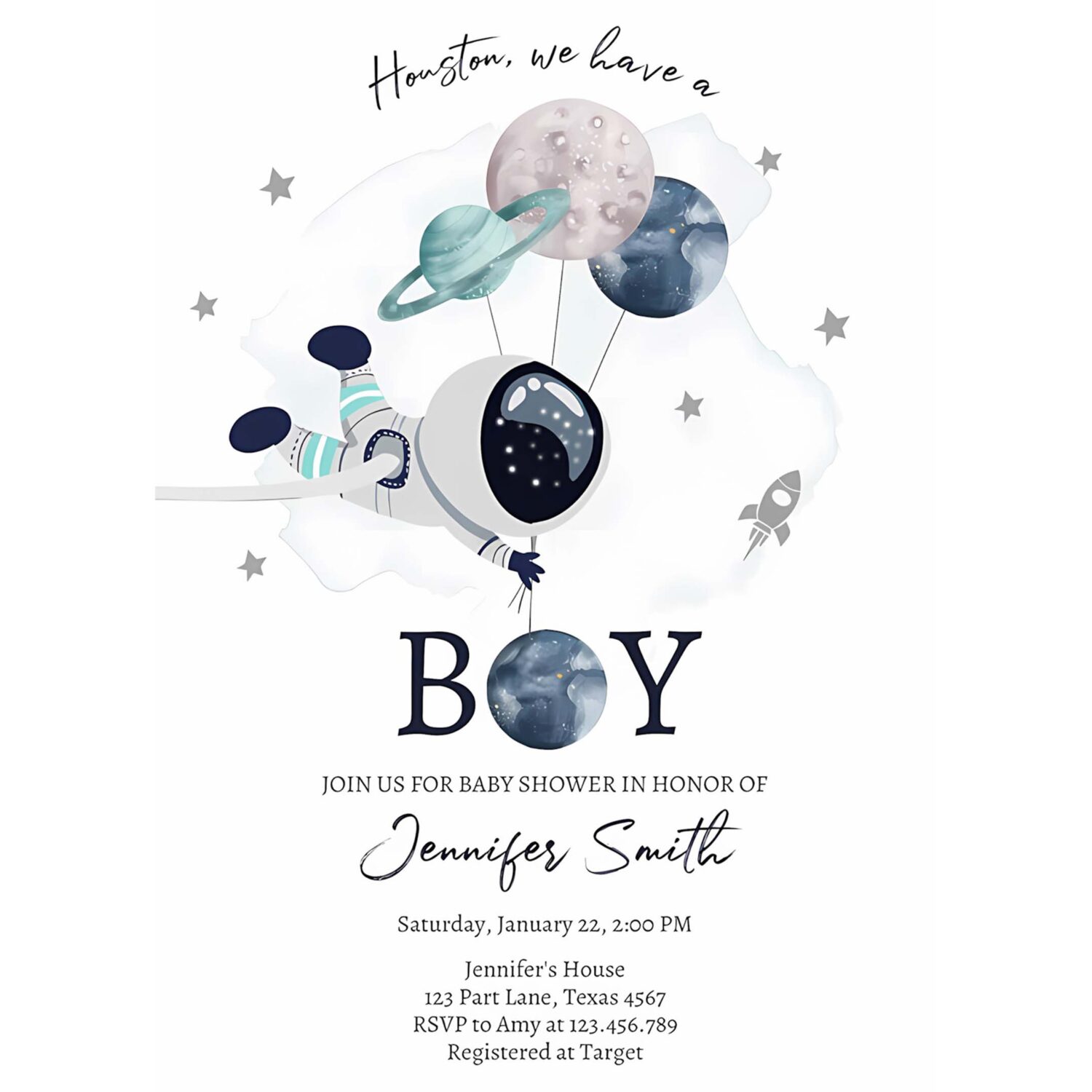 Editable space astronaut baby shower invitations galaxy houston its a boy blue planets moon countdown template instant download corjl 0366 4
