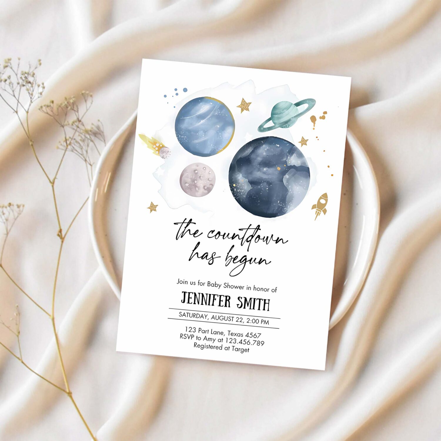 Editable space baby shower invitation galaxy outer space its a boy blue planets moon countdown invite 1