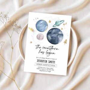Editable space baby shower invitation galaxy outer space its a boy blue planets moon countdown invite 1