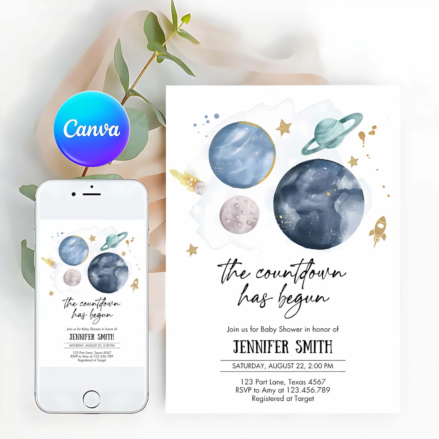 Editable space baby shower invitation galaxy outer space its a boy blue planets moon countdown invite