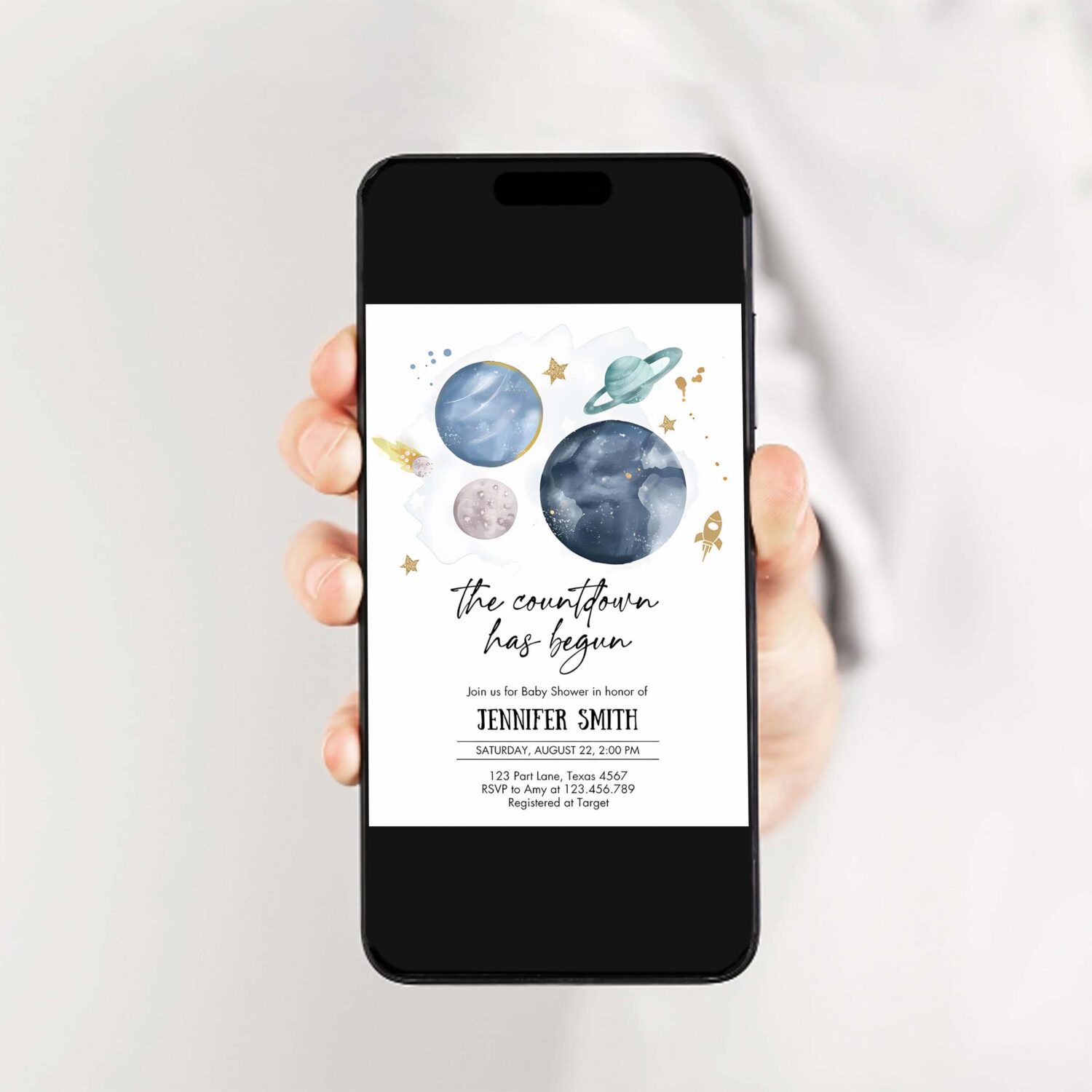 Editable space baby shower invitation galaxy outer space its a boy blue planets moon countdown invite 2