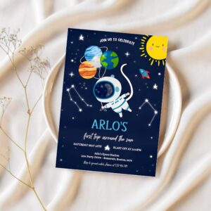 Editable space birthday invitation first trip around the sun boy rocket ship space planets galaxy outer space party 1