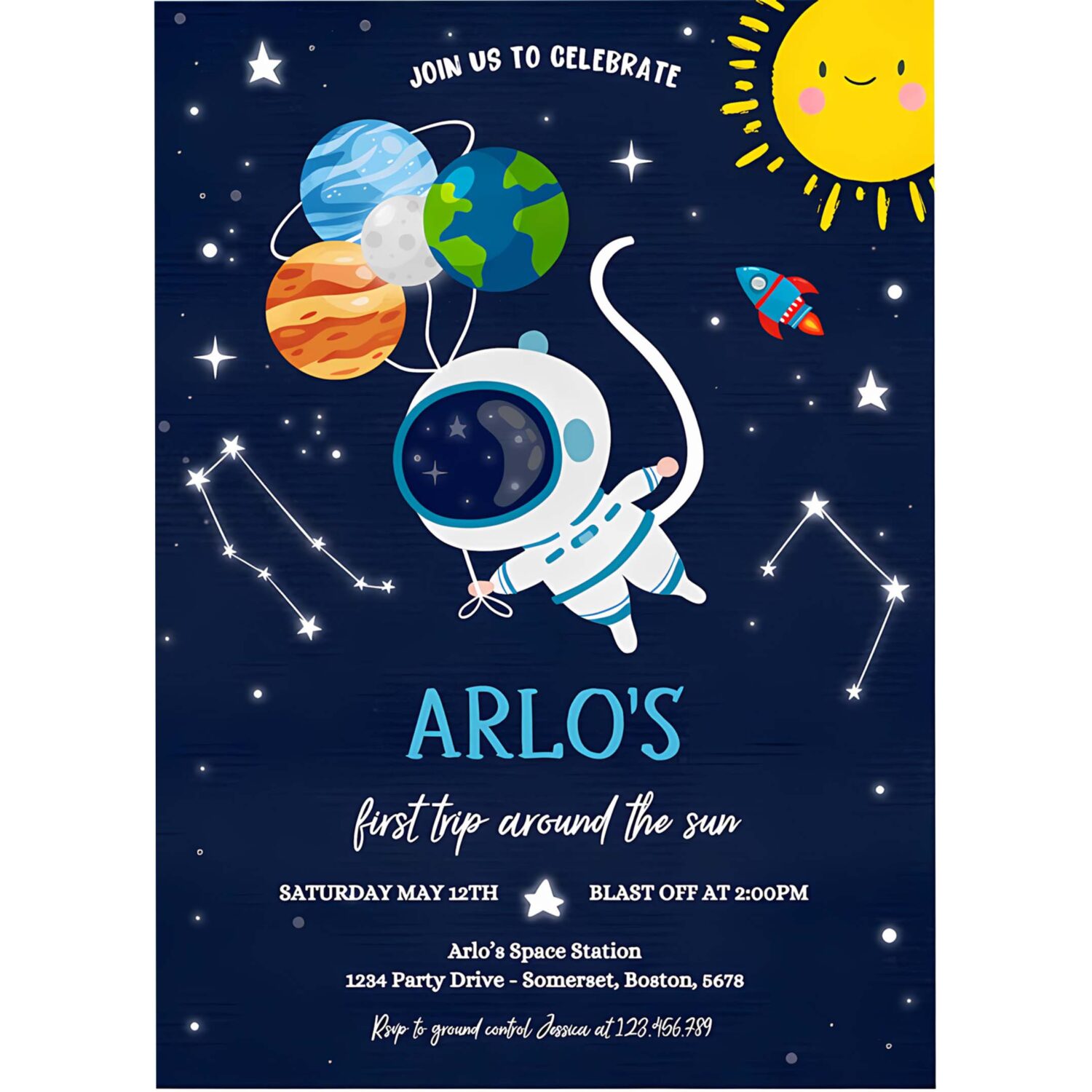 Editable space birthday invitation first trip around the sun boy rocket ship space planets galaxy outer space party 4