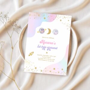 Editable space birthday invitation first trip around the sun girl watercolor pink planets galaxy outer space party 1