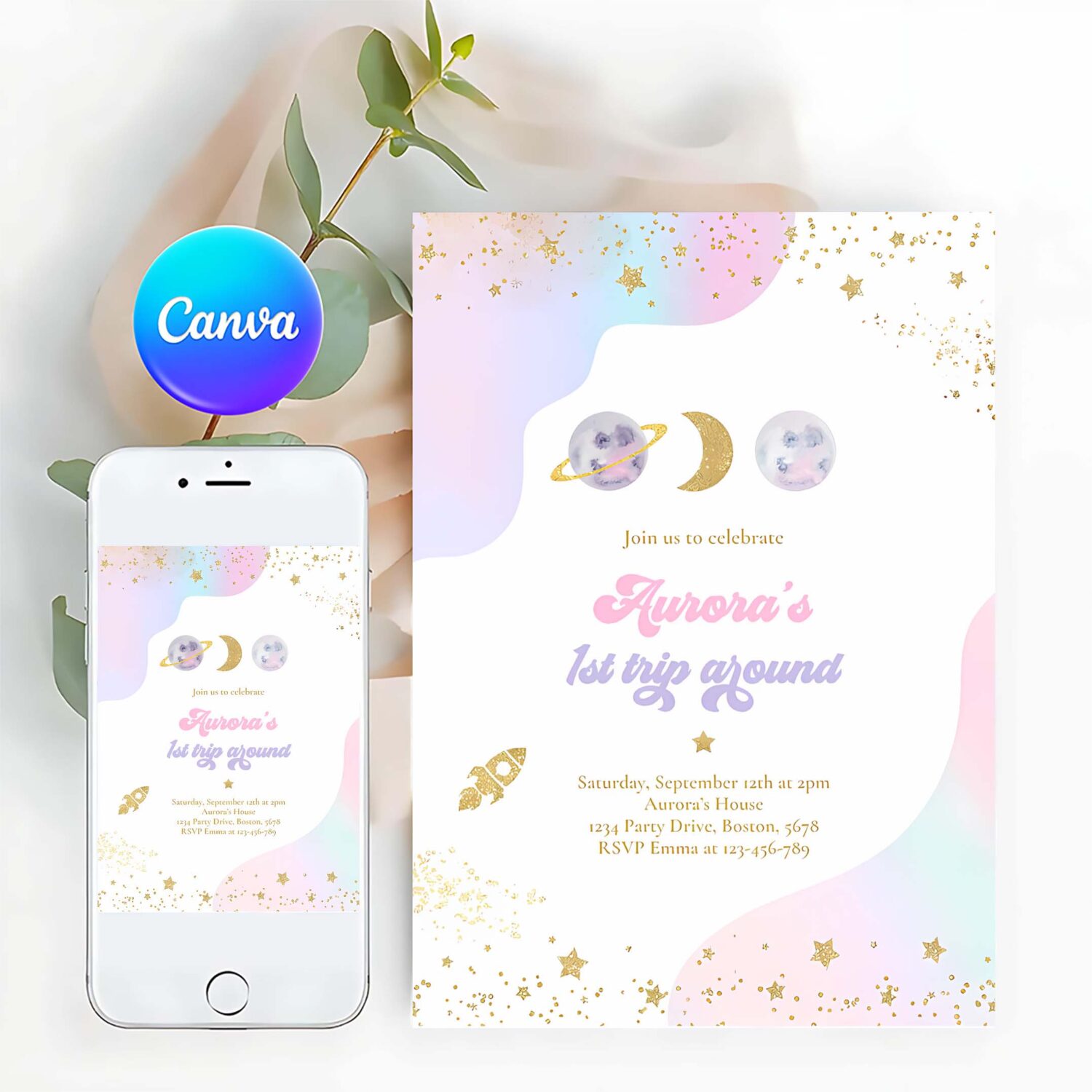 Editable space birthday invitation first trip around the sun girl watercolor pink planets galaxy outer space party