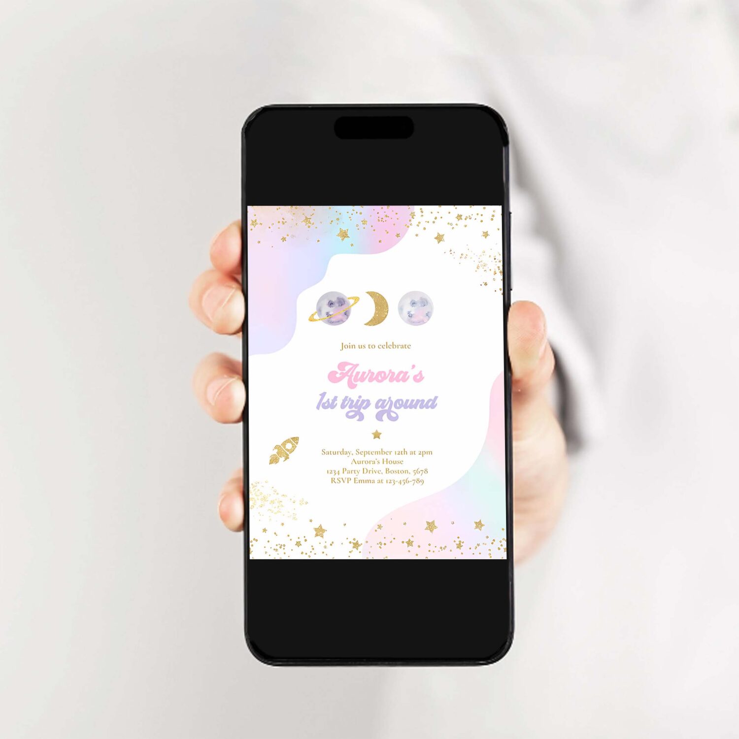 Editable space birthday invitation first trip around the sun girl watercolor pink planets galaxy outer space party 2