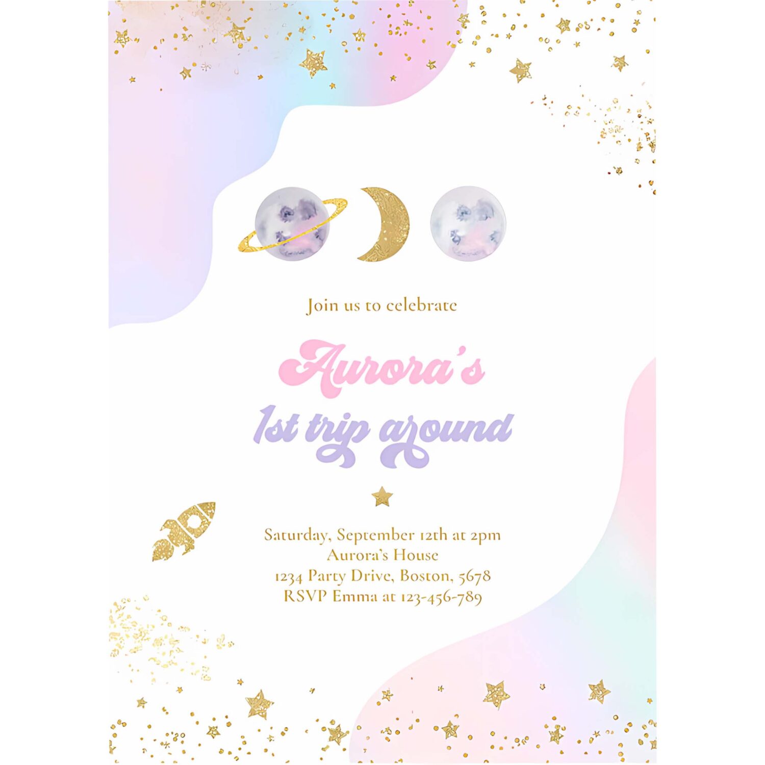 Editable space birthday invitation first trip around the sun girl watercolor pink planets galaxy outer space party 4