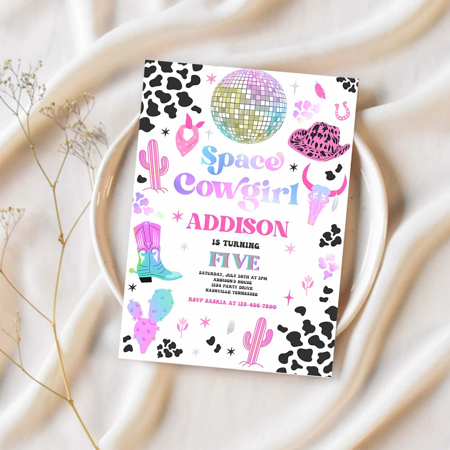 Editable space cowgirl birthday party invitation cosmic space cowgirl disco birthday party nashville rodeo any age party 1