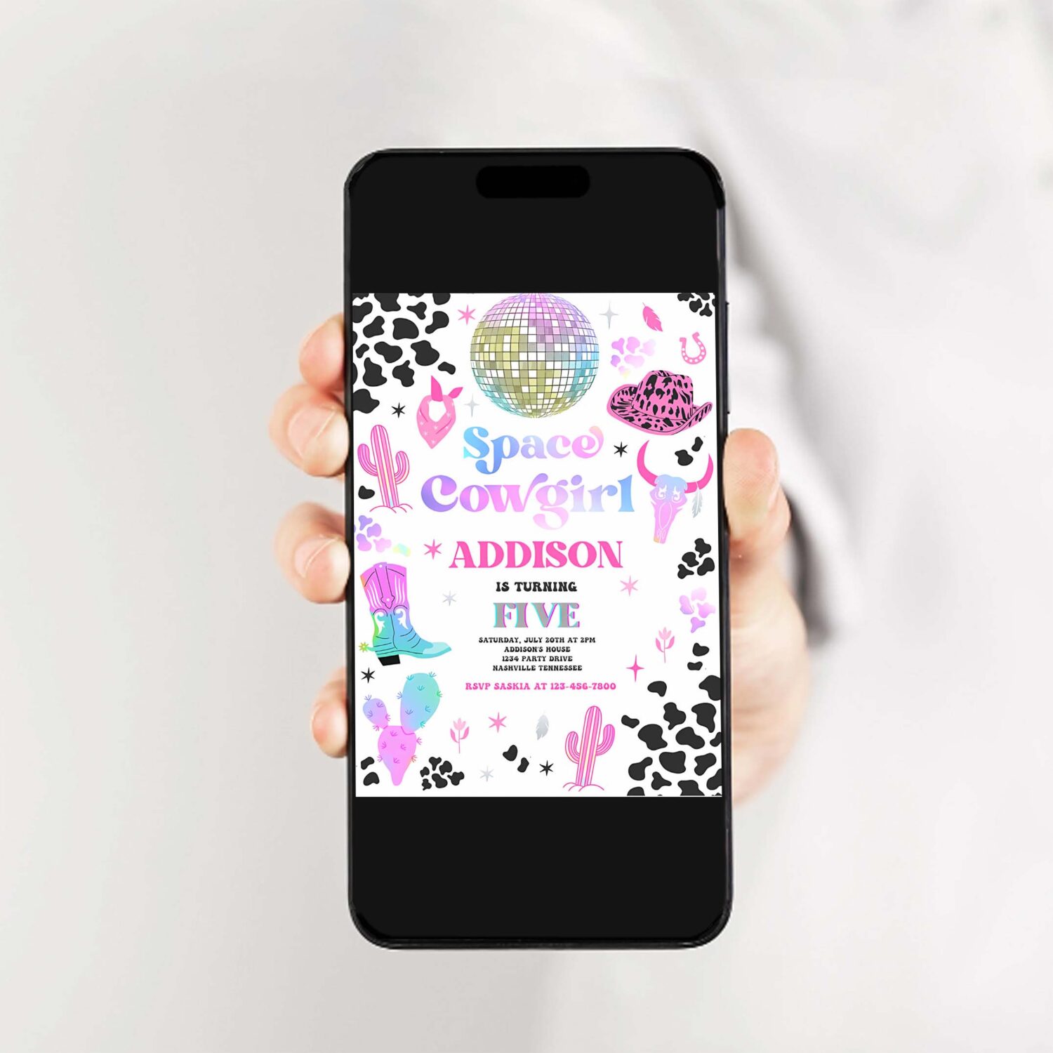 Editable space cowgirl birthday party invitation cosmic space cowgirl disco birthday party nashville rodeo any age party 2