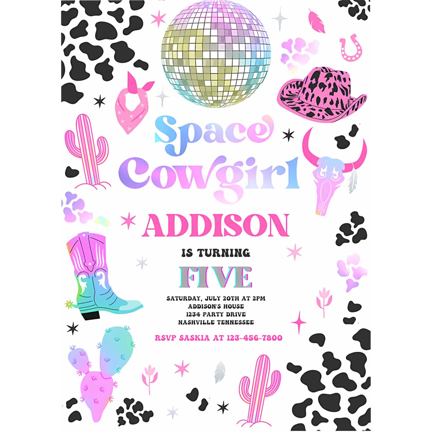 Editable space cowgirl birthday party invitation cosmic space cowgirl disco birthday party nashville rodeo any age party 4