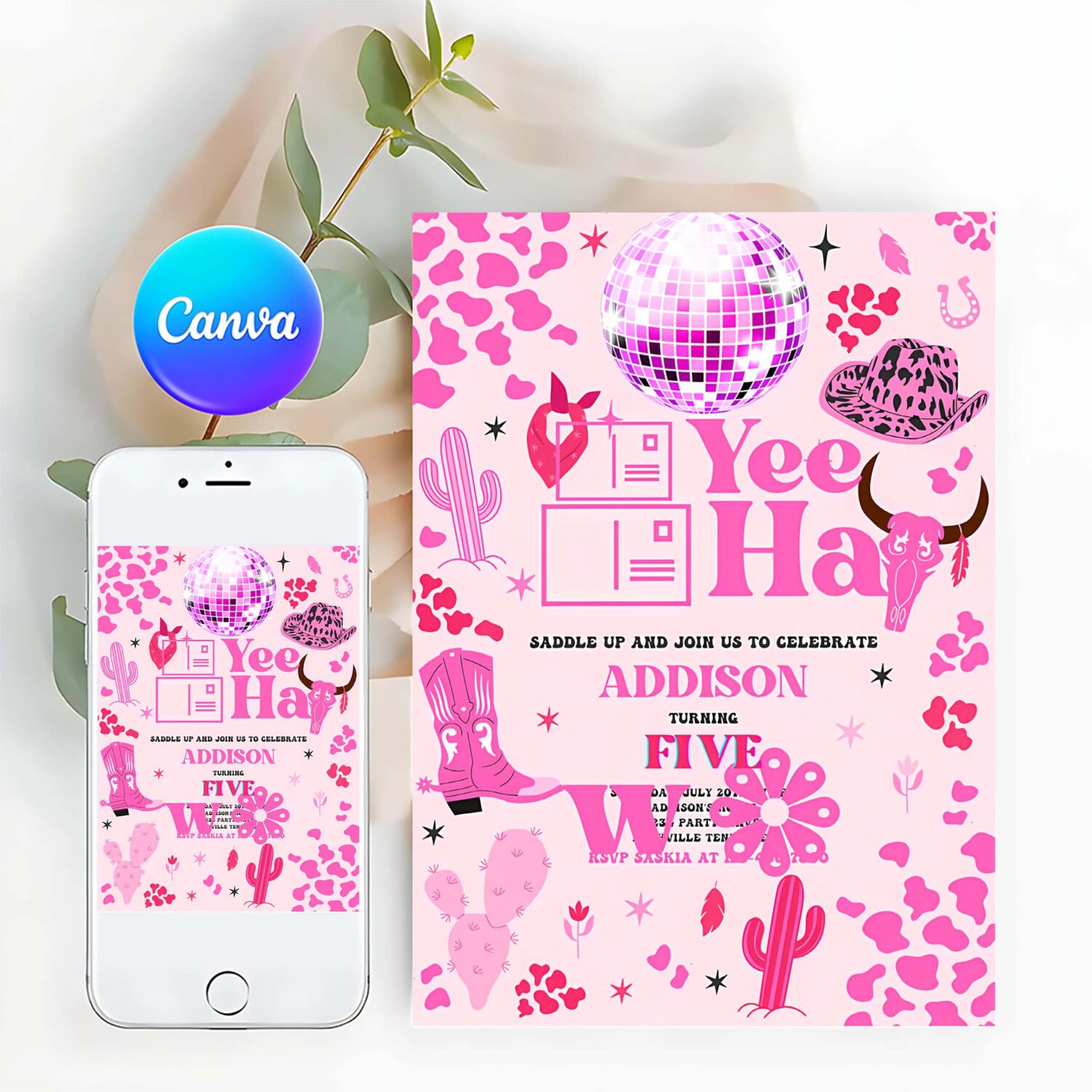 Editable space cowgirl birthday party invitation pink disco cowgirl party nashville rodeo birthday party any age party