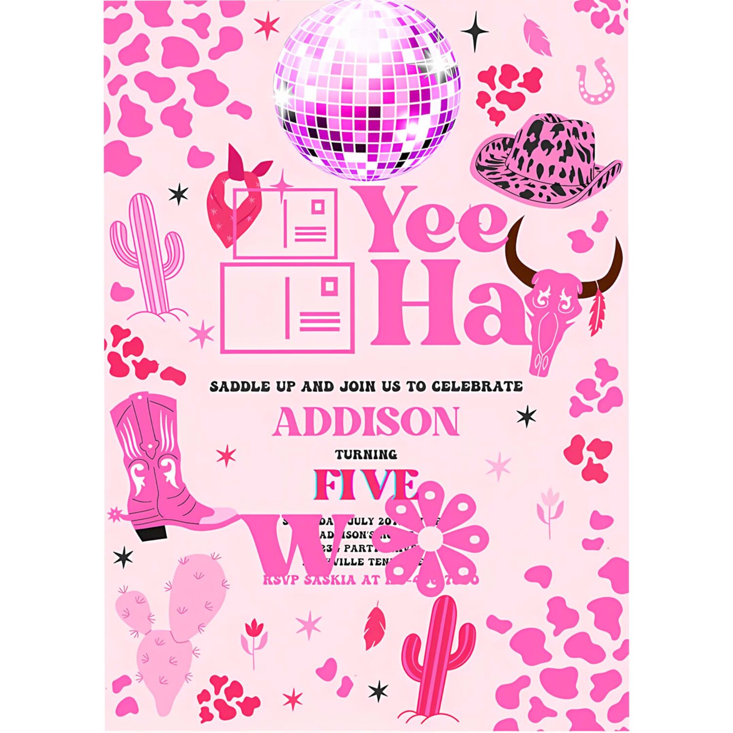 Editable space cowgirl birthday party invitation pink disco cowgirl party nashville rodeo birthday party any age party 4