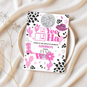 Editable space cowgirl birthday party invitation pink disco cowgirl party nashville rodeo birthday party any age party instant download ul 1