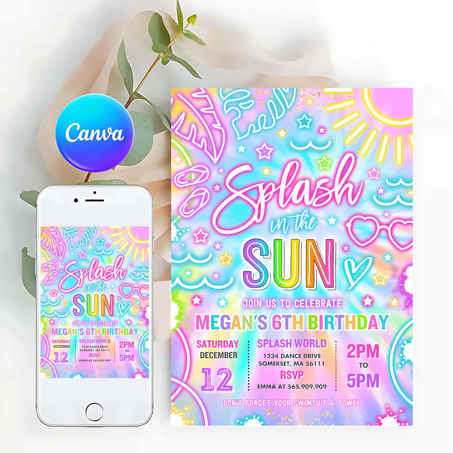 Editable splash in the sun pool birthday party invitation glow neon tie dye summer waterslide waterpark pool party instant download y3