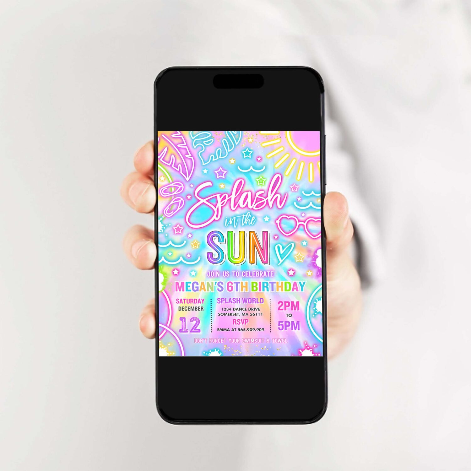 Editable splash in the sun pool birthday party invitation glow neon tie dye summer waterslide waterpark pool party instant download y3 2