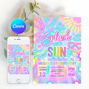 Pool Party Invitation, Splash In The Sun Pool Birthday Party Invitation Glow Neon Tie Dye Summer Waterslide Waterpark Pool Party