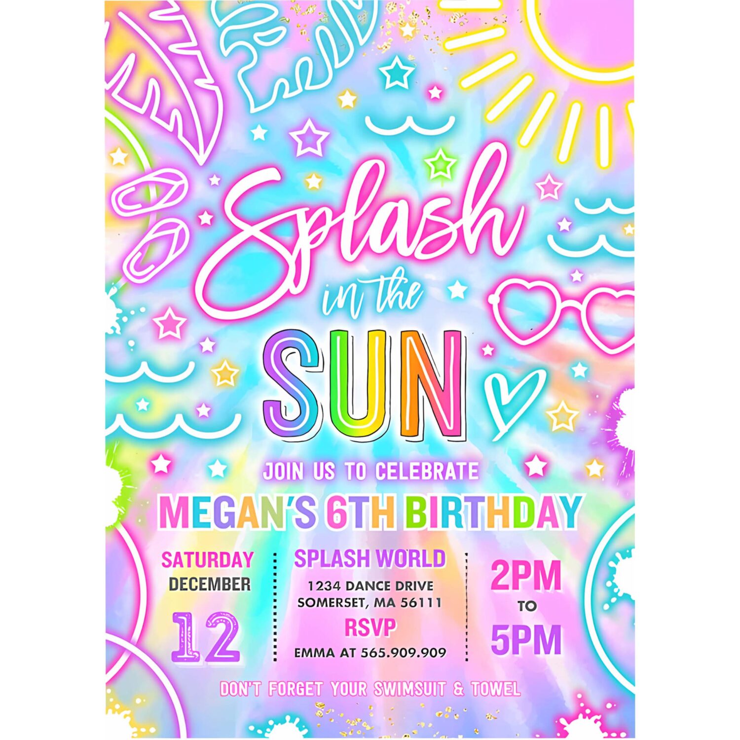 Editable splash in the sun pool birthday party invitation glow neon tie dye summer waterslide waterpark pool party instant download y3 4