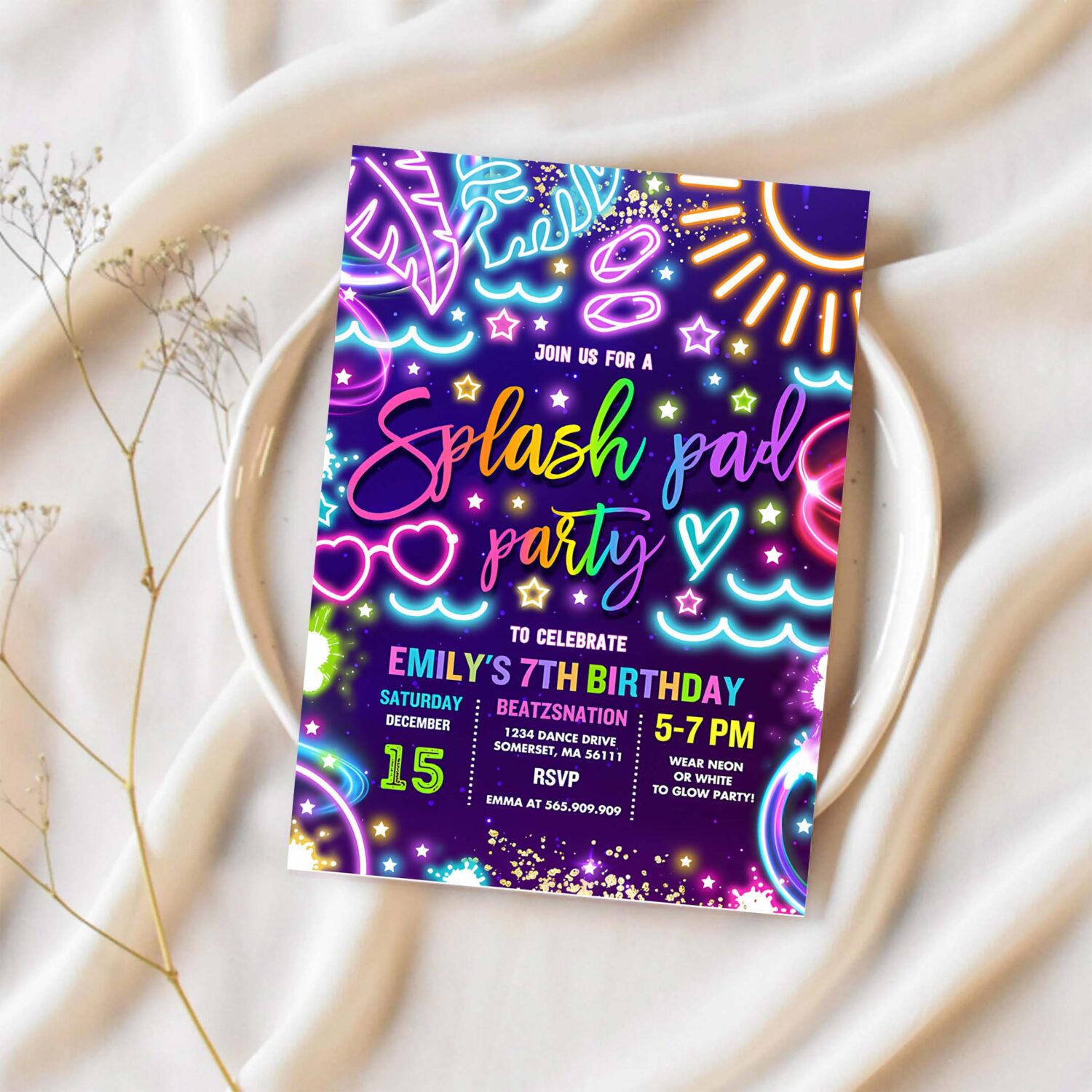 Editable splash pad birthday party invitation glow neon splash pad summer water slide splish splash pool birthday party instant download tx 1