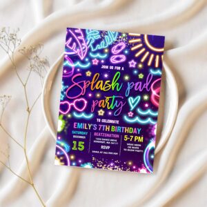 Editable splash pad birthday party invitation glow neon splash pad summer water slide splish splash pool birthday party instant download tx 1