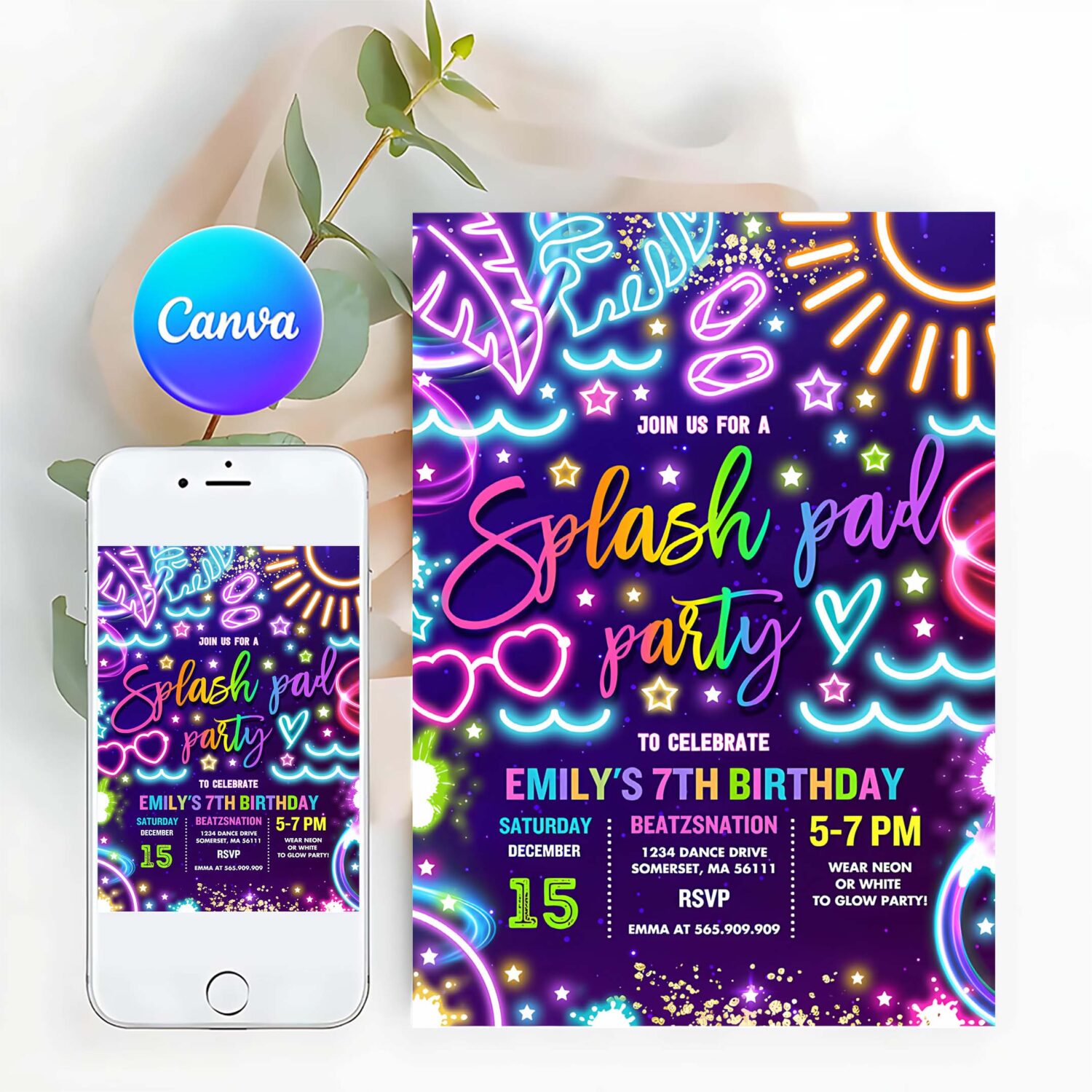 Editable splash pad birthday party invitation glow neon splash pad summer water slide splish splash pool birthday party instant download tx