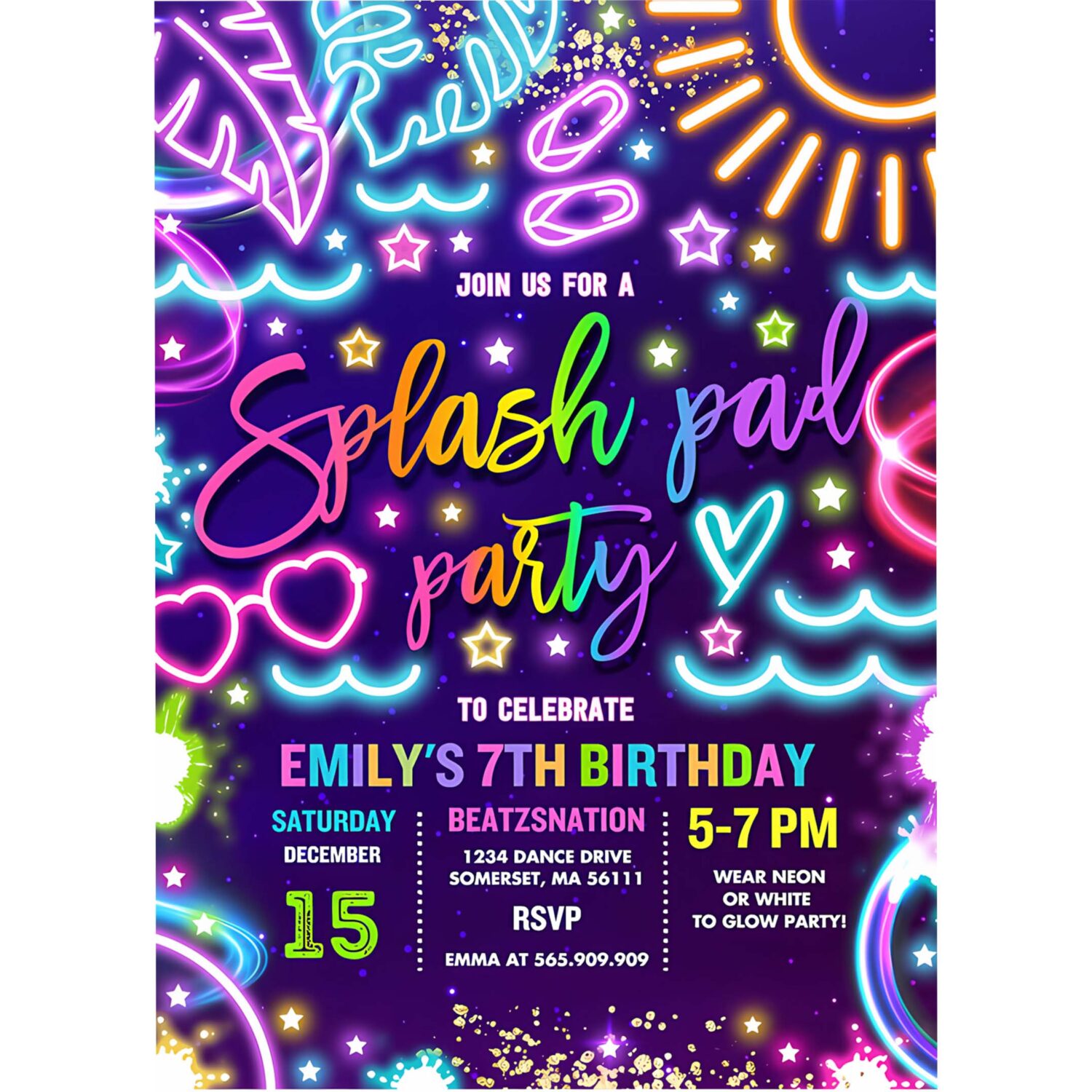 Editable splash pad birthday party invitation glow neon splash pad summer water slide splish splash pool birthday party instant download tx 4