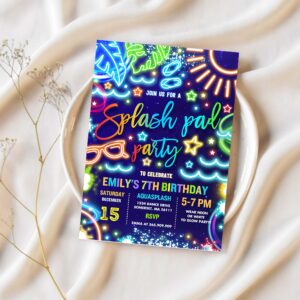 Editable splash pad birthday party invitation glow neon tie dye summer water slide splish splash pool birthday party instant download pwq 1