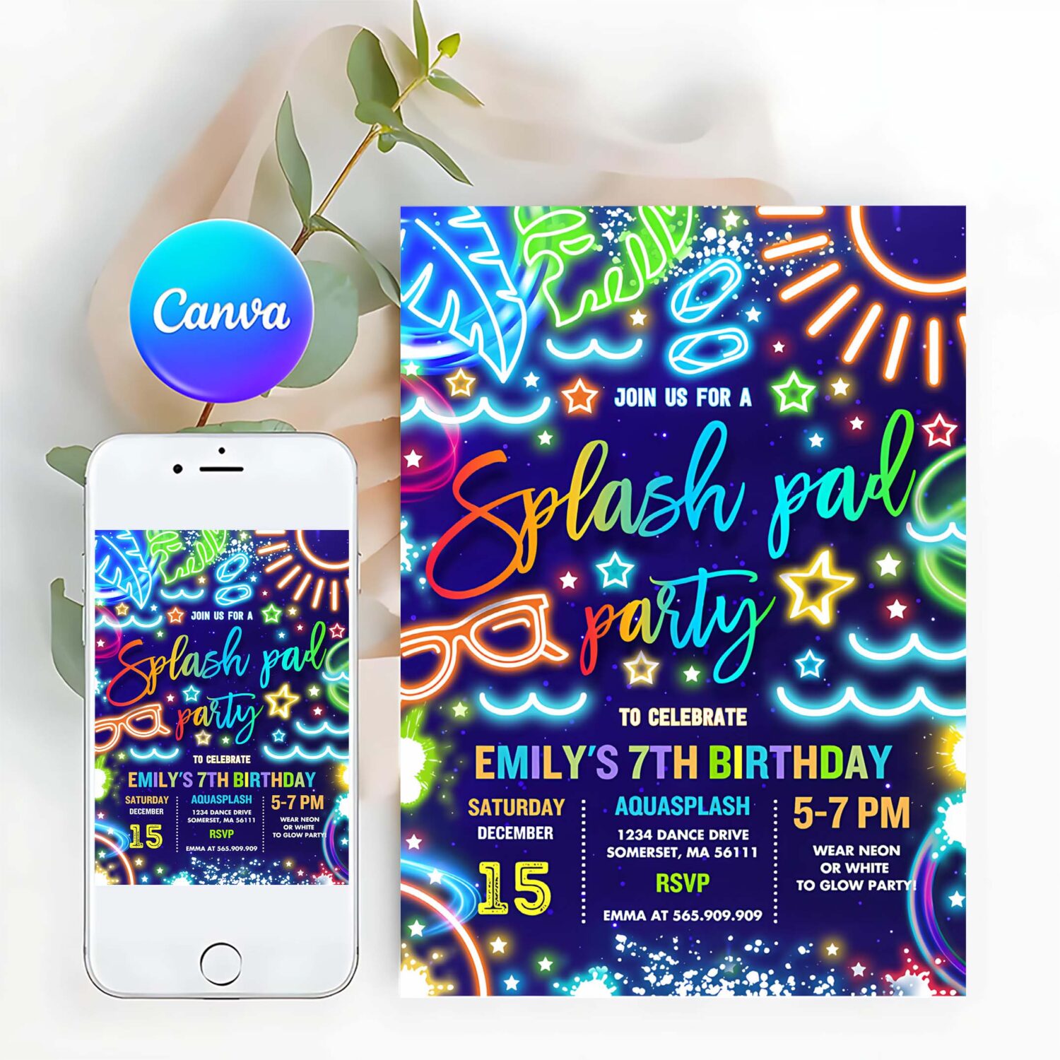 Editable splash pad birthday party invitation glow neon tie dye summer water slide splish splash pool birthday party instant download pwq