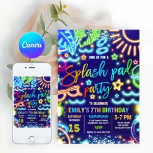 Splish Splash Invitation, Splash Pad Birthday Party Invitation Glow Neon Tie Dye Summer Water Slide Splish Splash Pool Birthday Party