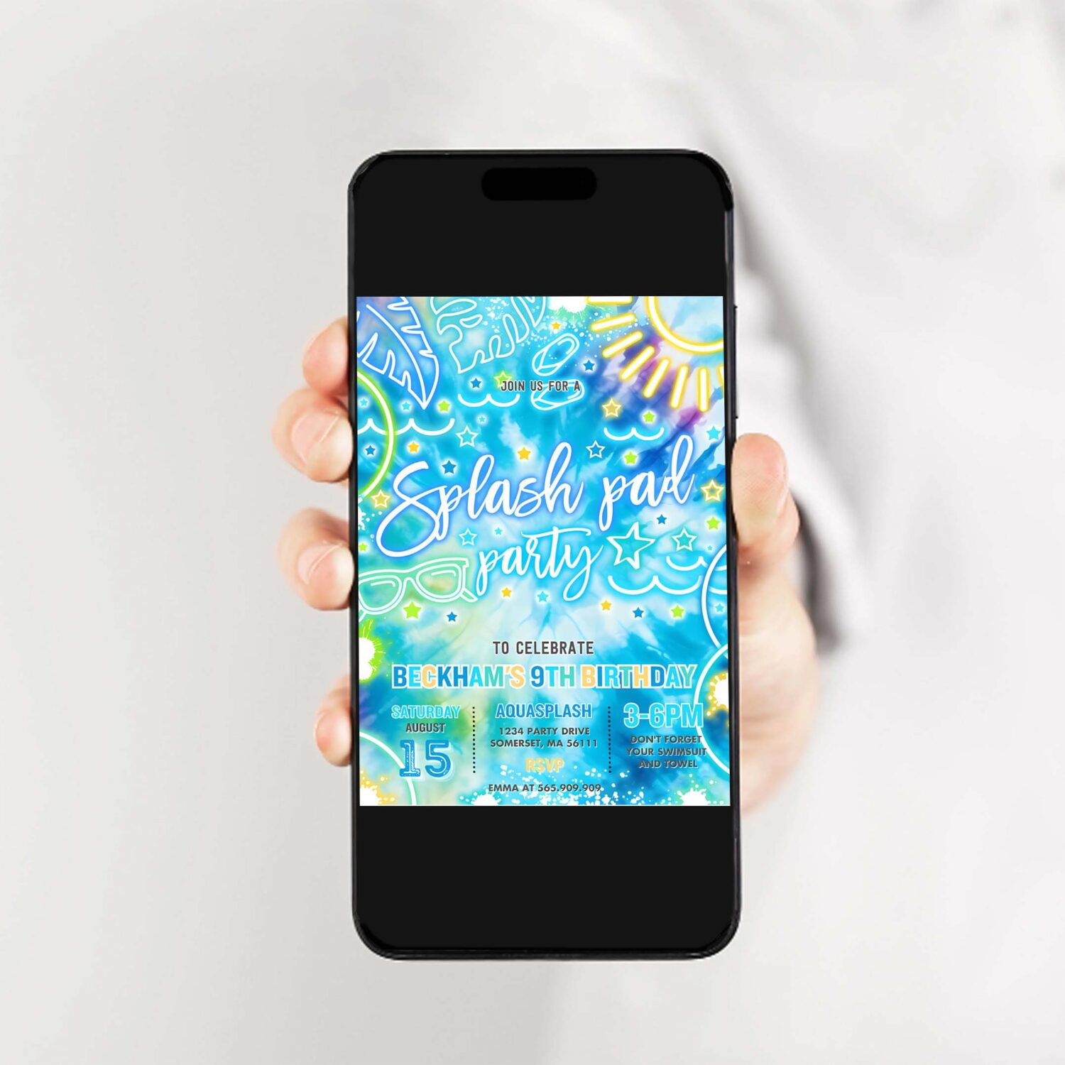 Editable splash pad birthday party invitation glow neon tie dye summer water slide splish splash pool birthday party instant download qa2 2