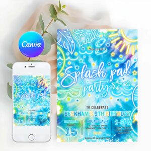 Splish Splash Invitation, Splash Pad Birthday Party Invitation Glow Neon Tie Dye Summer Water Slide Splish Splash Pool Birthday Party