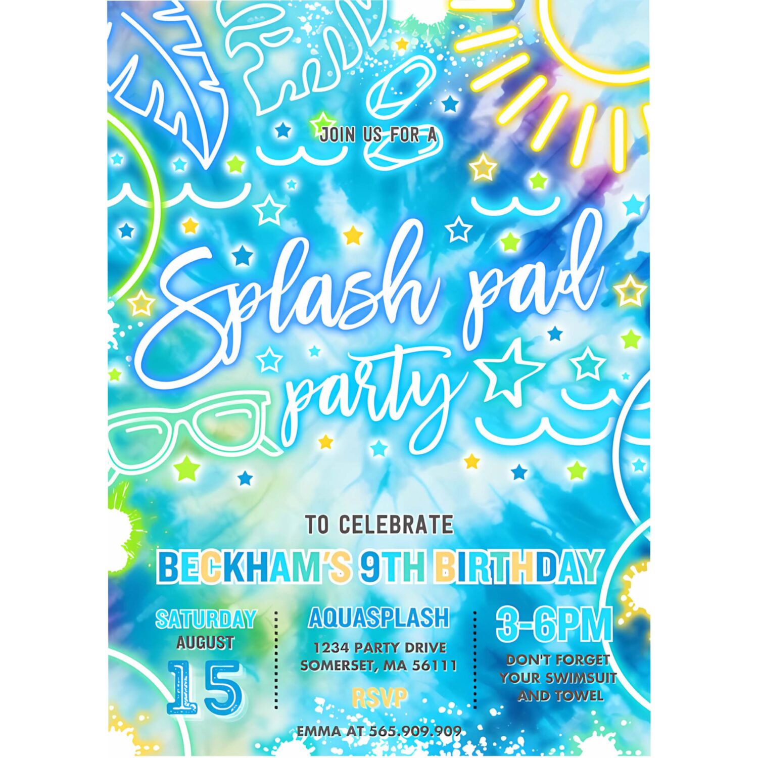 Editable splash pad birthday party invitation glow neon tie dye summer water slide splish splash pool birthday party instant download qa2 4