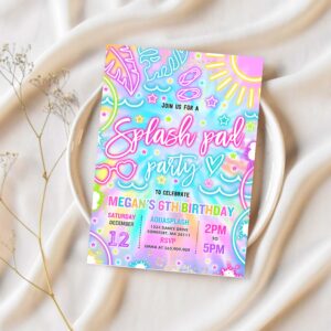 Editable splash pad birthday party invitation glow neon tie dye summer water slide splish splash pool birthday party instant download y3 1