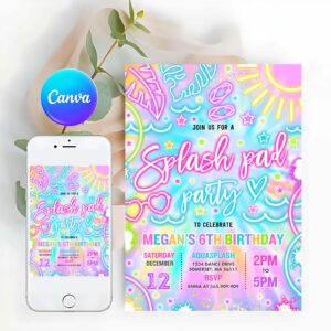 Pool Party Invitation, Splash Pad Birthday Party Invitation Glow Neon Tie Dye Summer Water Slide Splish Splash Pool Birthday Party
