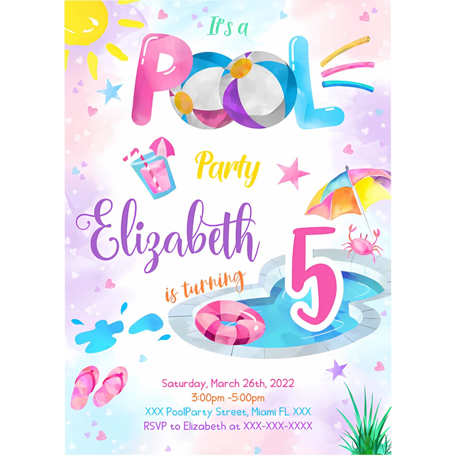 Editable splish splash birthday invitation pool party boy beach ball blue green birthday bash 4