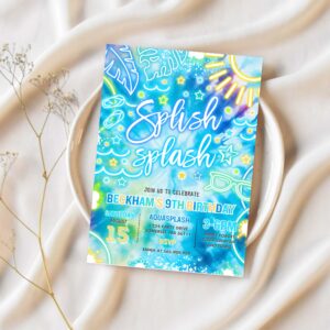 Editable splish splash birthday party invitation glow neon tie dye summer water slide waterpark pool birthday party instant download qa2 1