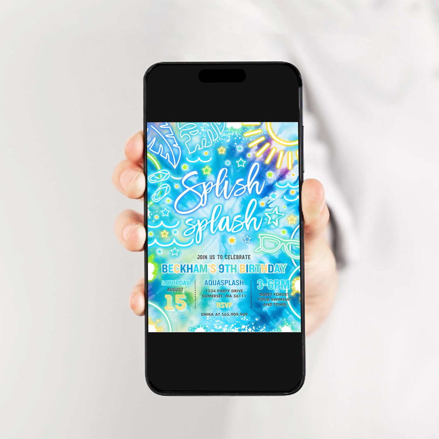 Editable splish splash birthday party invitation glow neon tie dye summer water slide waterpark pool birthday party instant download qa2 2