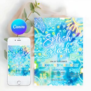 Splish Splash Invitation, Splish Splash Birthday Party Invitation Glow Neon Tie Dye Summer Water Slide Waterpark Pool Birthday Party