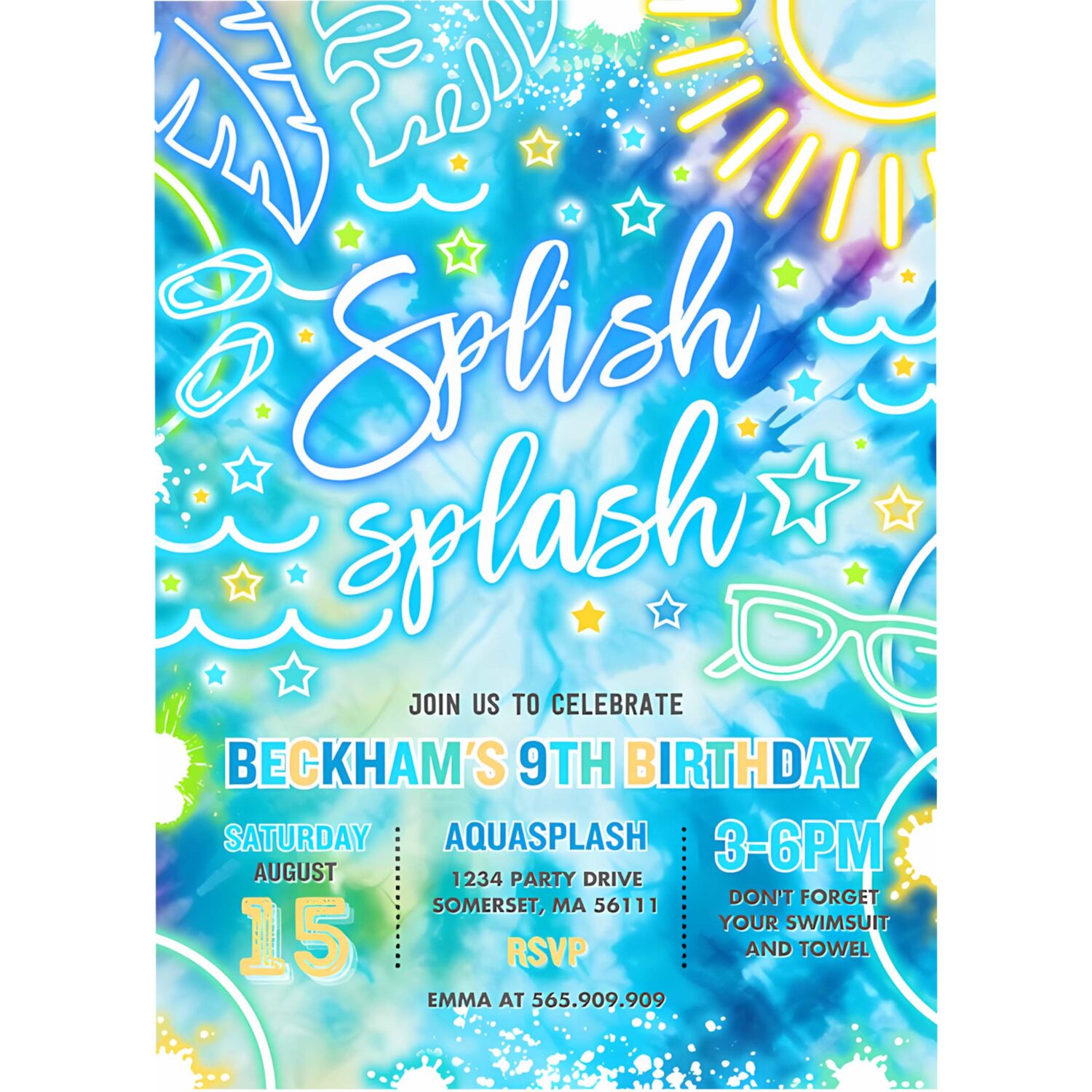 Editable splish splash birthday party invitation glow neon tie dye summer water slide waterpark pool birthday party instant download qa2 4