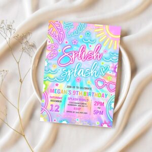 Editable splish splash birthday party invitation glow neon tie dye summer water slide waterpark pool birthday party instant download y3 1