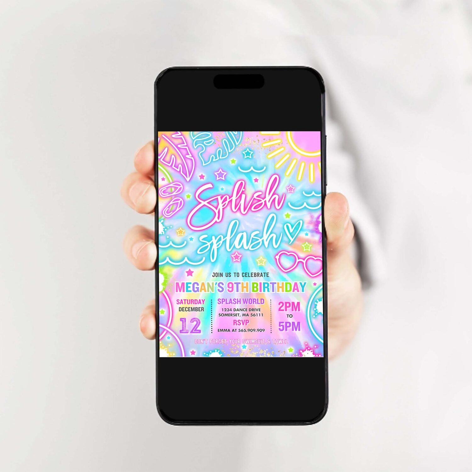 Editable splish splash birthday party invitation glow neon tie dye summer water slide waterpark pool birthday party instant download y3 2