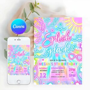 Splish Splash Invitation, Splish Splash Birthday Party Invitation Glow Neon Tie Dye Summer Water Slide Waterpark Pool Birthday Party