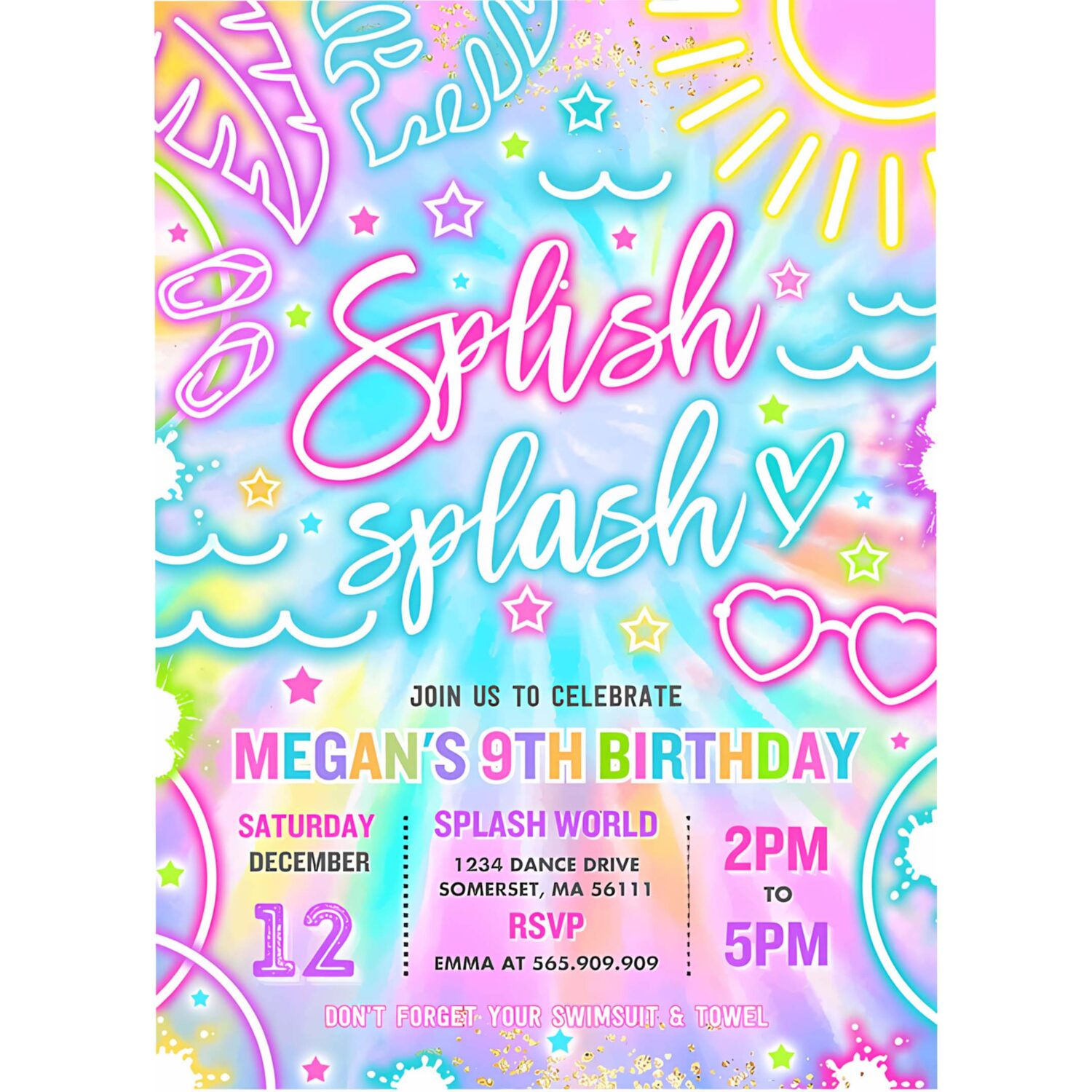 Editable splish splash birthday party invitation glow neon tie dye summer water slide waterpark pool birthday party instant download y3 4