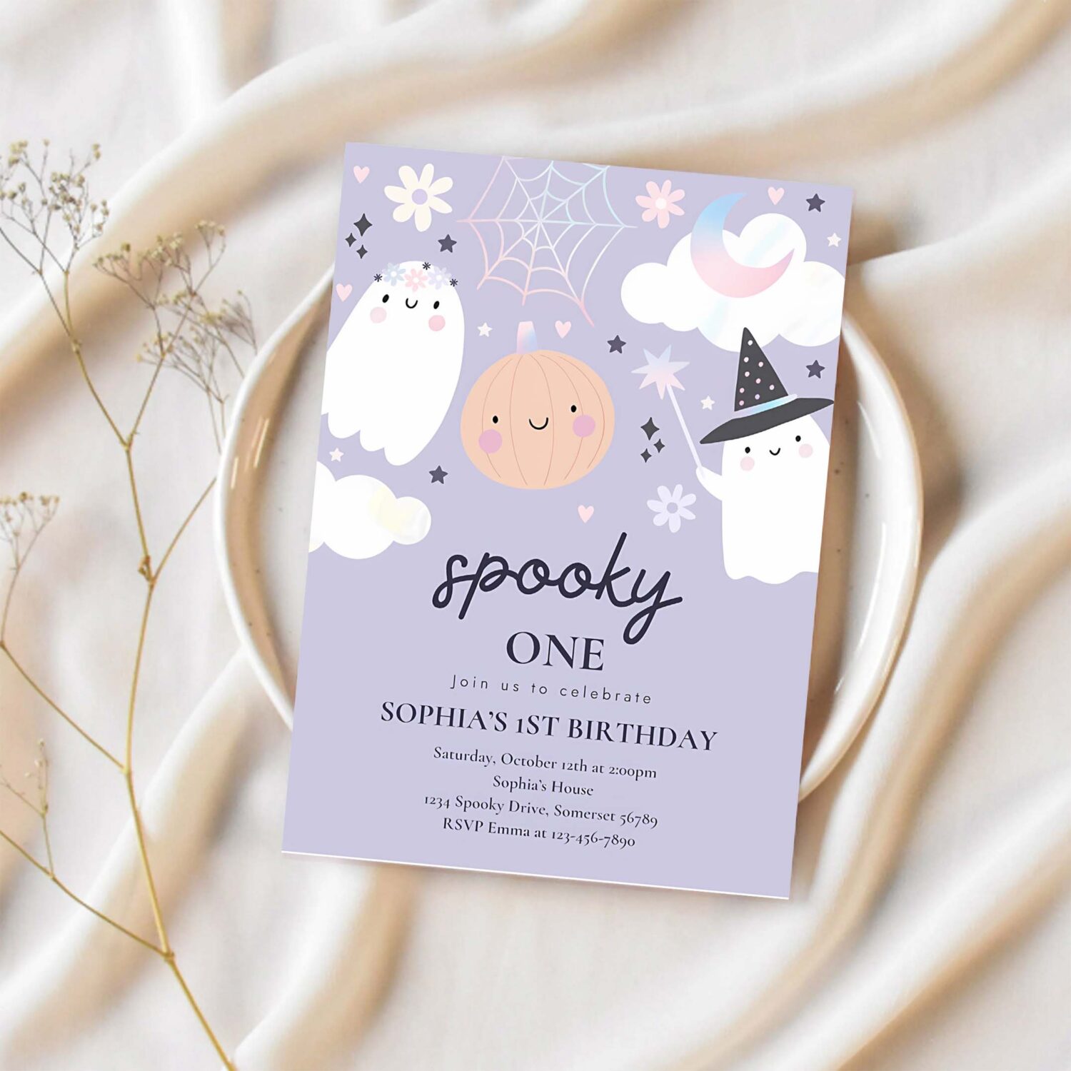 Editable spooky one 1st birthday party invitation cute pink pastel holographic ghost halloween birthday party invite instant download 45d 1