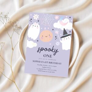 Editable spooky one 1st birthday party invitation cute pink pastel holographic ghost halloween birthday party invite instant download 45d 1