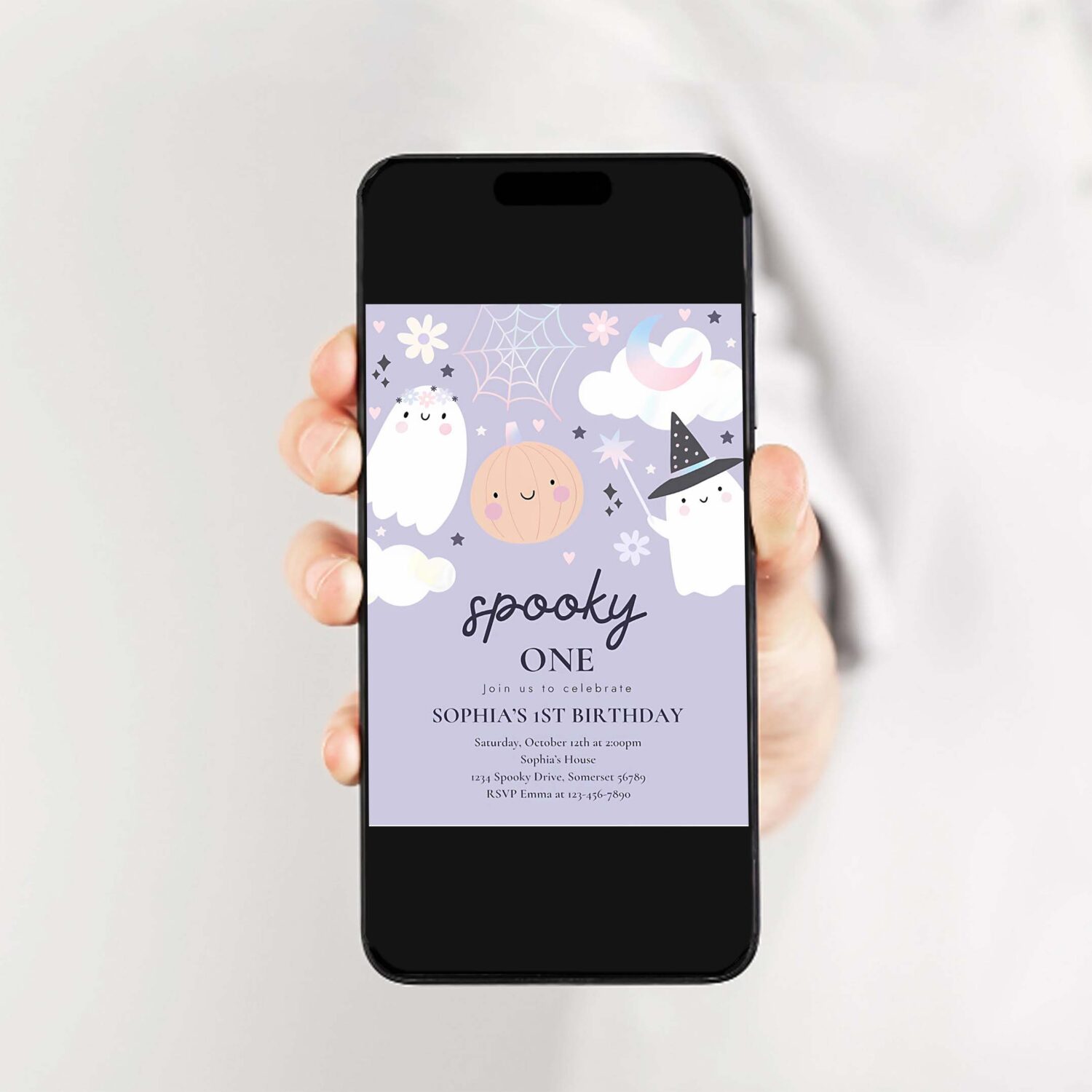 Editable spooky one 1st birthday party invitation cute pink pastel holographic ghost halloween birthday party invite instant download 45d 2