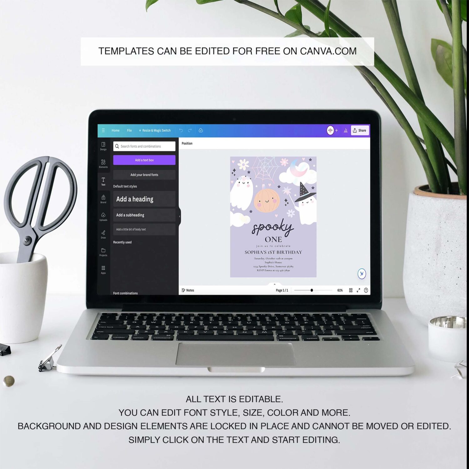 Editable spooky one 1st birthday party invitation cute pink pastel holographic ghost halloween birthday party invite instant download 45d 3