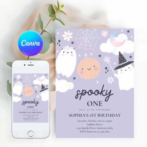 Spooky One Invitation, Spooky One 1st Birthday Party Invitation Cute Pink Pastel Holographic Ghost Halloween Birthday Party Invite